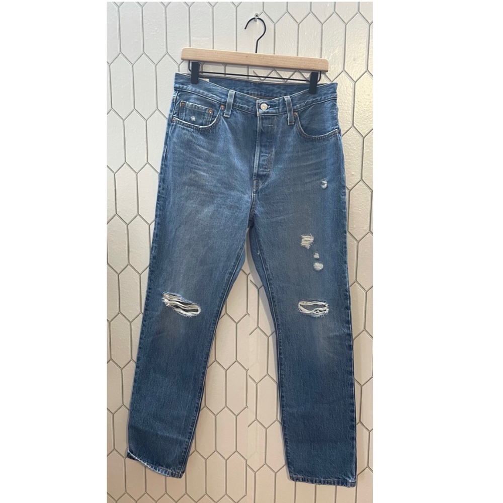 High-Rise Distressed Straight Leg Jeans - Blue - Picture 5 of 14